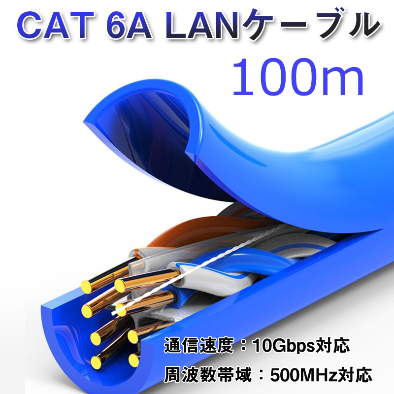 CAT 6A LANケーブル100m 100メートル 10ギガビット 10Gbps 500MHz 光回線対応 超高速通信 ルーター パソコン プリンター 防犯カメラ ネットワーク工事 業務用 プロ